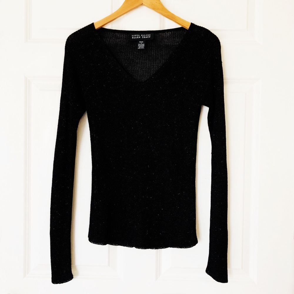 Linda Allard Black V Neck Top Petite Small